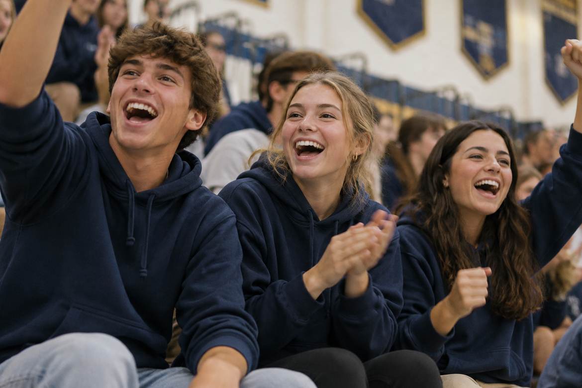 Students cheering in the stands in navy Hawks hoodies